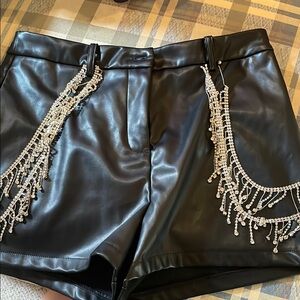High Waist Black Faux Leather Shorts with Silver Chain Detail
